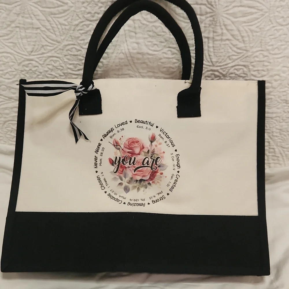 New! Canvas tote large bag with scripture religious Christian flower white black - Picture 5 of 7